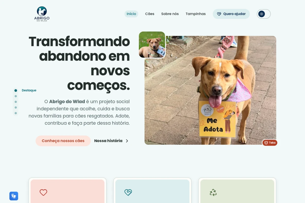 Página inicial mobile do Abrigo do Wlad com fotos do cão David Bowie e apresentação do projeto.