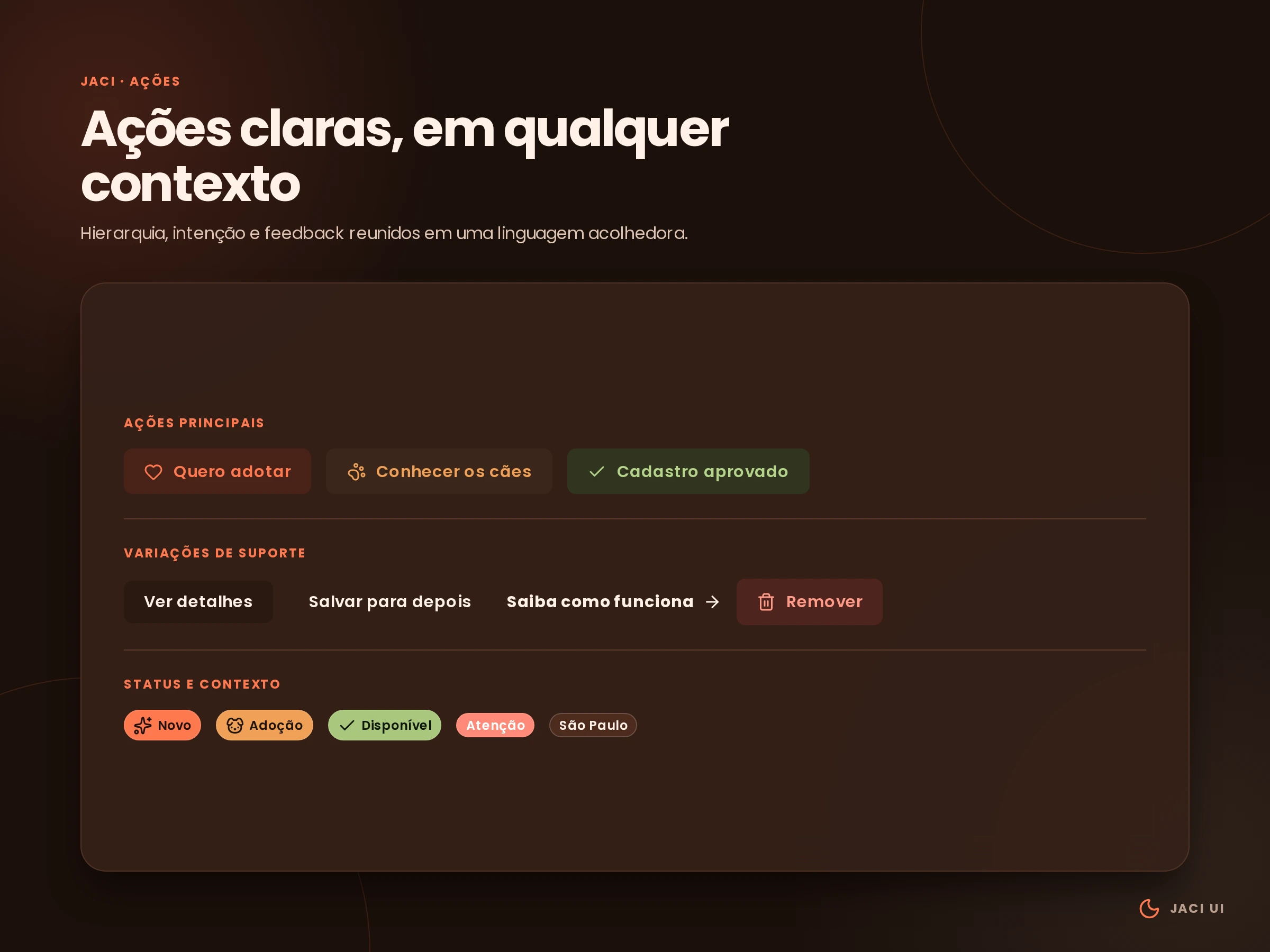 Painel da Jaci UI em tema escuro com botões de ação principal, variações de suporte e marcadores de status.