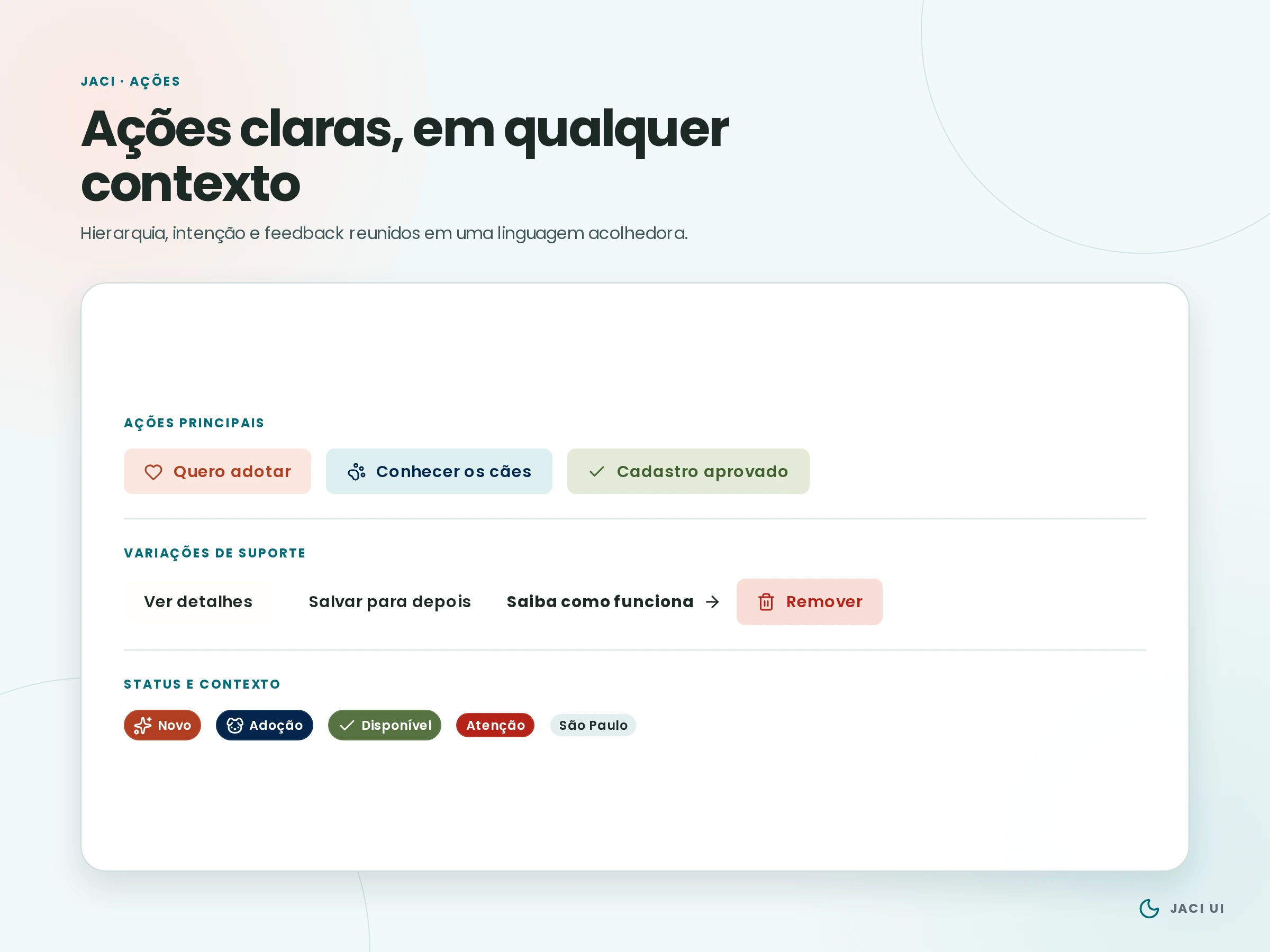 Painel da Jaci UI em tema claro com botões de ação principal, variações de suporte e marcadores de status.