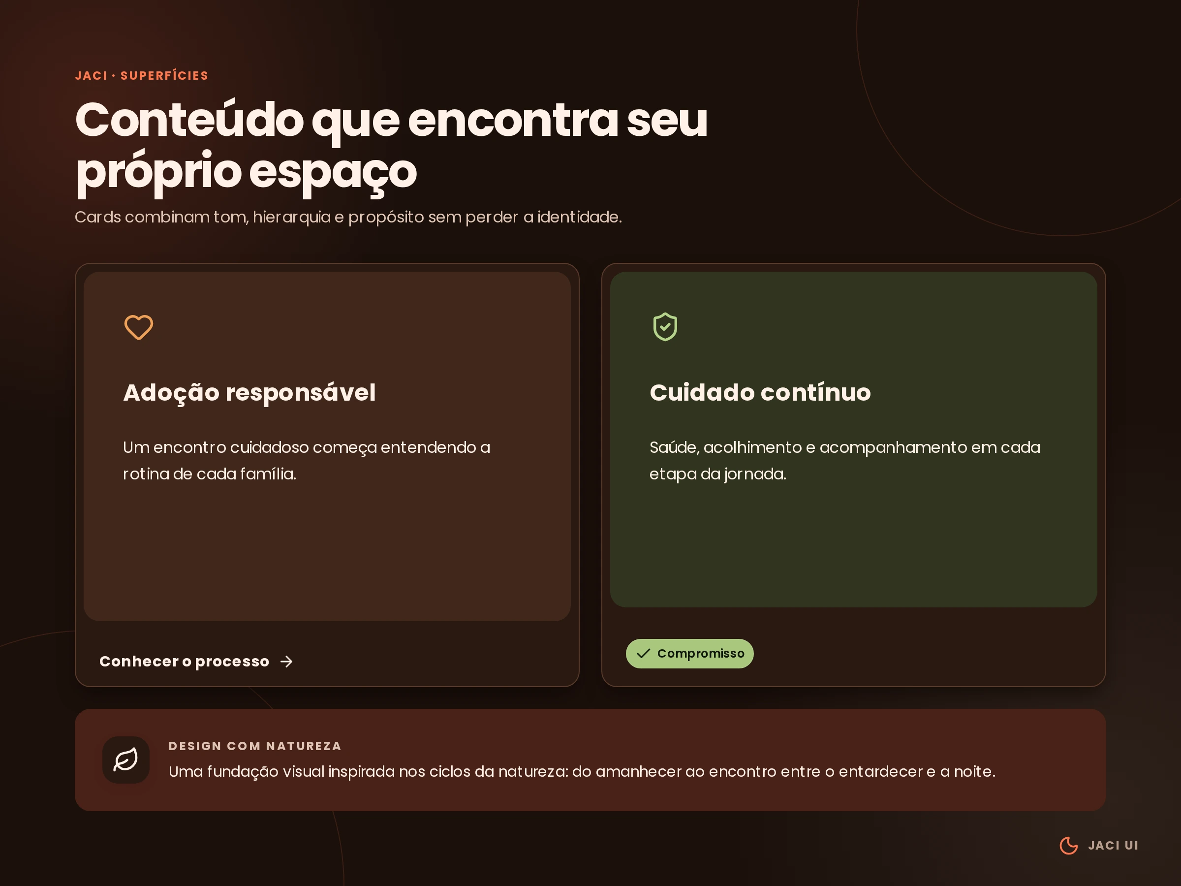 Composição da Jaci UI em tema escuro com dois cartões sobre adoção responsável e cuidado contínuo, além de uma faixa informativa.