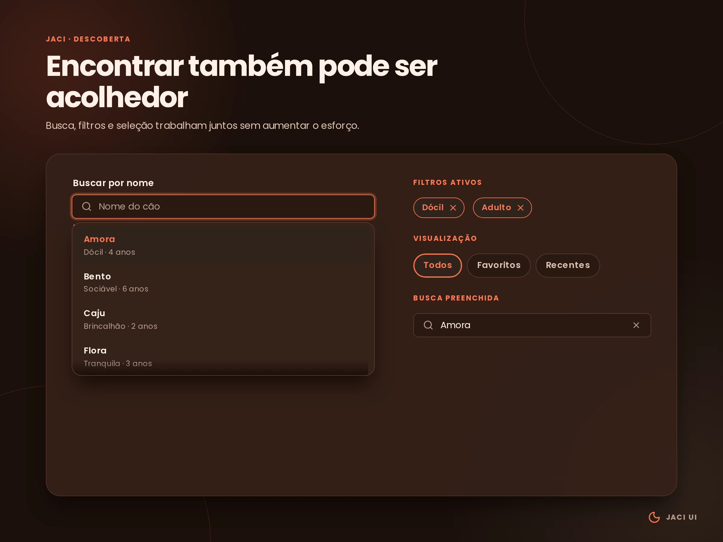 Interface de descoberta da Jaci UI em tema escuro com busca de cães, sugestões, filtros ativos e opções de visualização.
