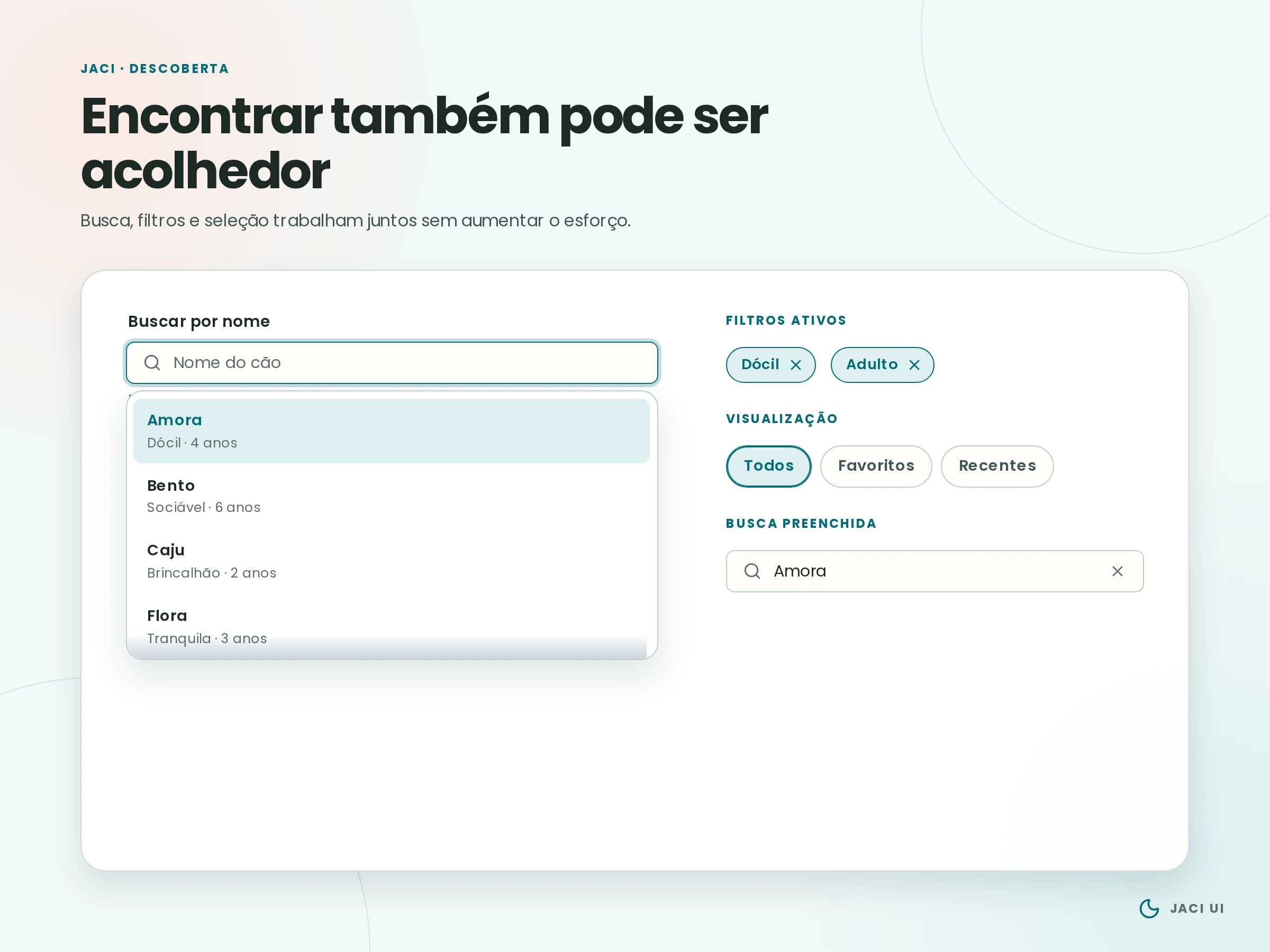 Interface de descoberta da Jaci UI em tema claro com busca de cães, sugestões, filtros ativos e opções de visualização.