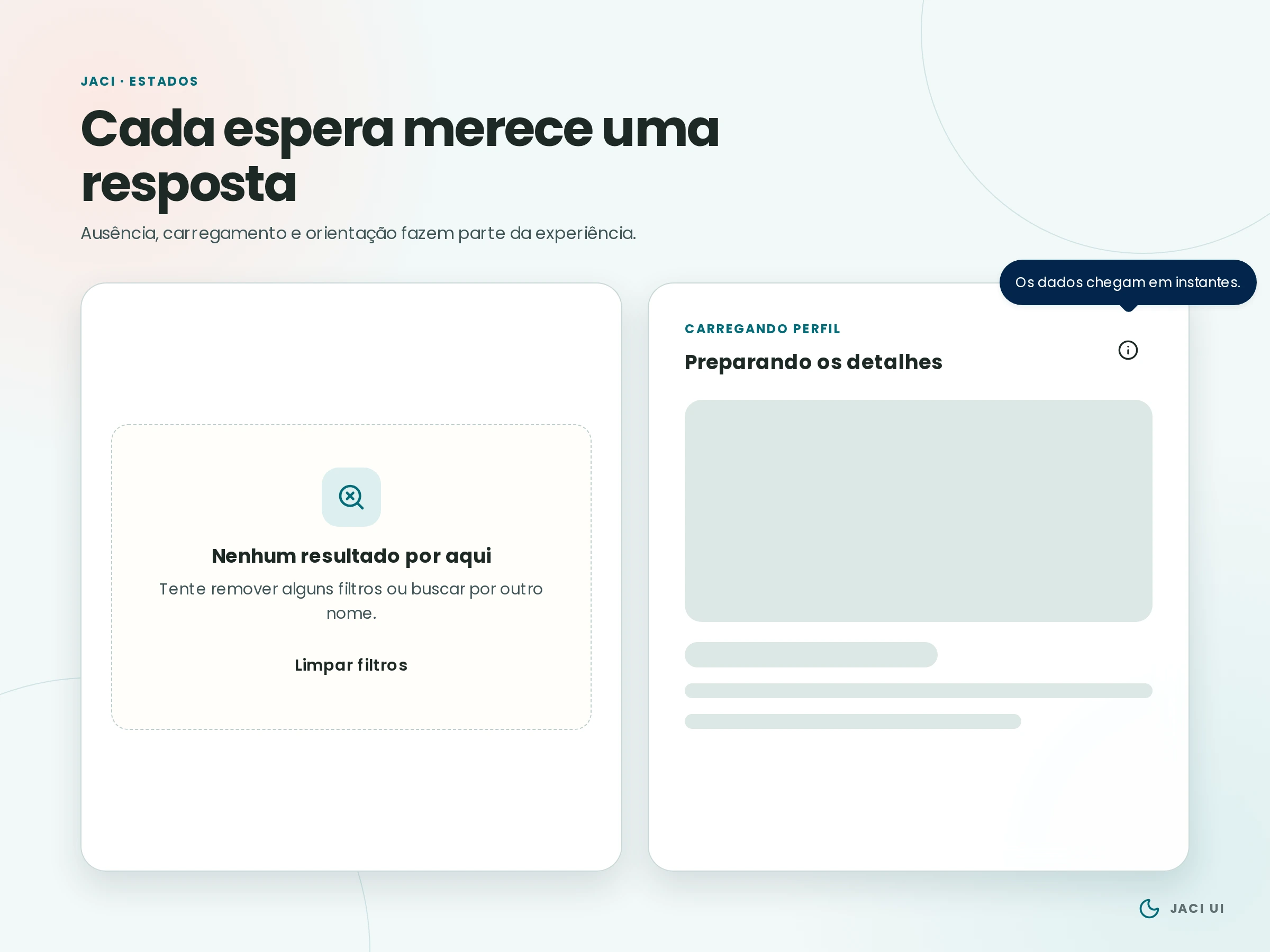 Exemplos da Jaci UI em tema claro com estado sem resultados, ação para limpar filtros e cartão de carregamento com conteúdo esqueleto.