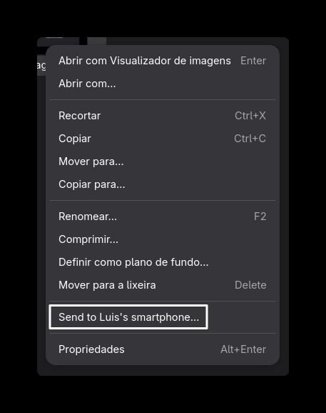 Menu de contexto do Nautilus sobre um arquivo, com a ação para enviá-lo ao smartphone de Luis destacada.