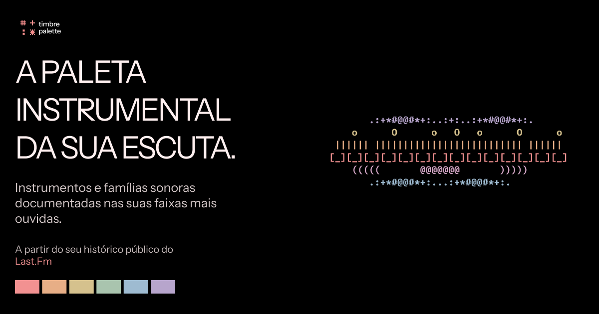 Capa de divulgação do Timbre Palette com título em destaque, desenho de instrumentos em caracteres e seis cores sobre fundo preto.