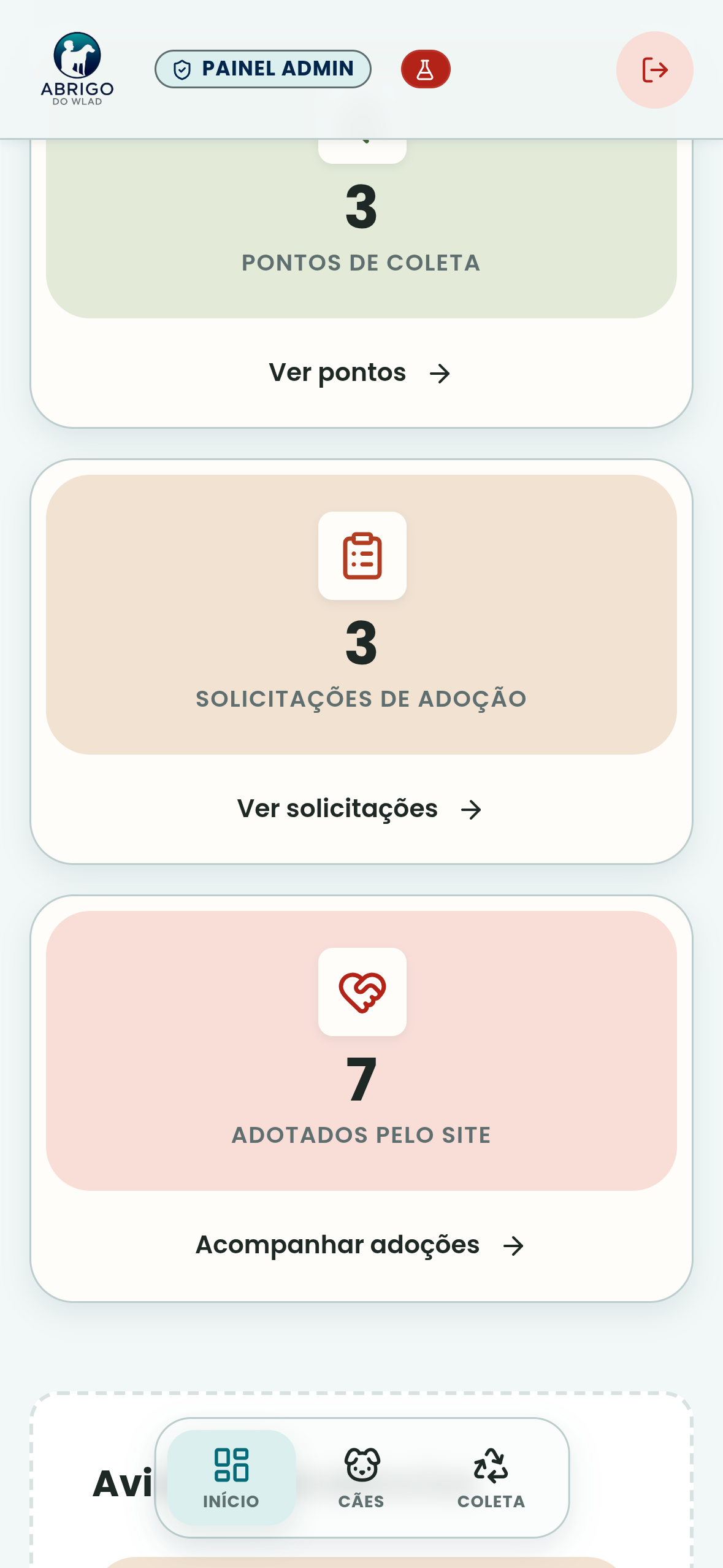 Visão geral mobile do painel administrativo do Abrigo do Wlad com indicadores de pontos de coleta, solicitações de adoção e cães adotados.