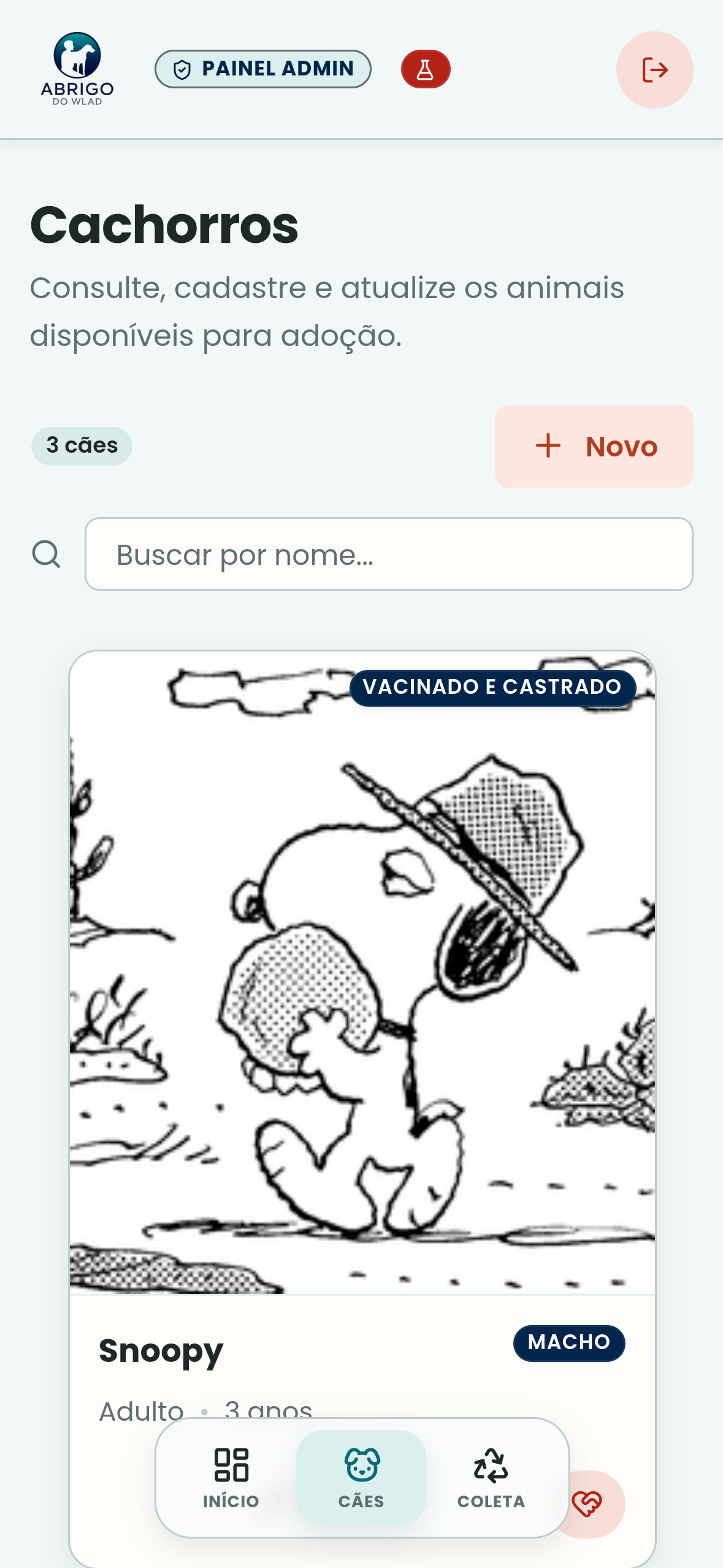 Tela mobile de gestão de cães no painel administrativo do Abrigo do Wlad, com busca, botão Novo e cartão de Snoopy.